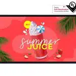 Digital display ad featuring a glass of red summer juice topped with whipped cream and a small paper umbrella, set against a vibrant red background with palm leaves and fresh strawberries. Text on the image reads NEW SUMMER JUICE. An UL anti-discoloration badge appears in the corner. Perfect for promoting refreshing summer drinks.
