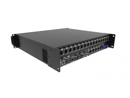 NovaStar MX40 Pro LED Controller (Neuware) – black rackmount unit shown at an angle, highlighting multiple input and output ports on both front and rear panels, including XLR, TRS, and digital connections for professional LED display control.