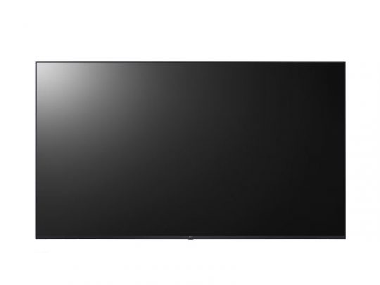 Flat-screen TV with black, glossy display turned off, reflecting light in the upper left corner, shown against a white background.