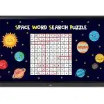Digital display featuring a Space Word Search Puzzle with a colorful grid, cartoon planets, sun, and stars decorating the border; several space-themed words are circled in red.