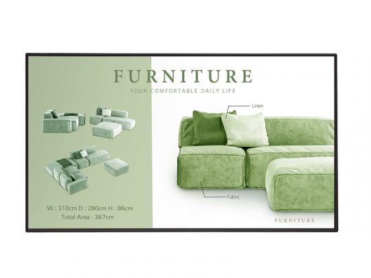 Promotional image of a modular green sofa by [Brand Name], featuring multiple layout options on the left and a detailed close-up on the right. The sofa measures 310cm wide, 280cm deep, and 86cm high, with a total area of 367cm. Material details are also shown, highlighting the modern design and customizable configuration for versatile living spaces.