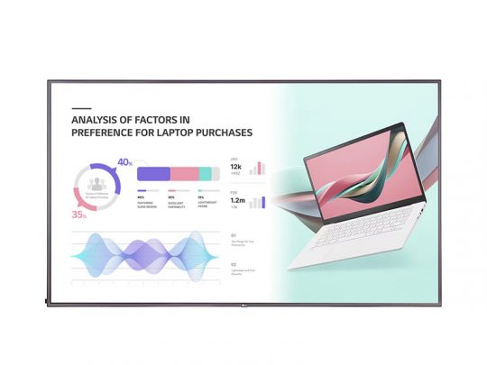 Presentation slide displaying laptop purchase preferences with a pie chart highlighting performance as the top factor (40%), a bar graph and wave graph showing monthly usage statistics, and an image of a white laptop on the right side. Ideal for understanding key buying factors in laptops.