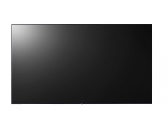 Large flat-screen TV with a blank black screen, front-facing on a white background. Modern smart television design with slim bezels and minimalist stand.
