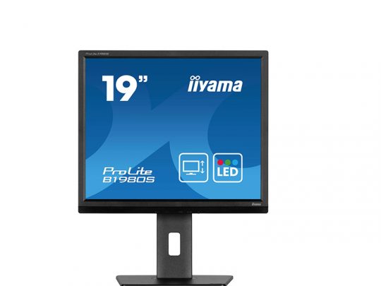 19-inch iiyama ProLite B1980S LED monitor with a blue screen showing the iiyama logo, model number, and icons indicating computer and LED features.