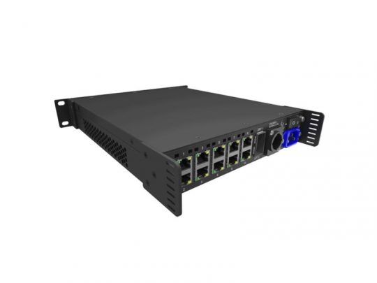 Novastar CVT10-S LED LWL-Konverter 10fach – black, rack-mounted converter with multiple front-facing Ethernet ports, side ventilation slots, and a large blue power socket on the front panel, displayed on a white background.