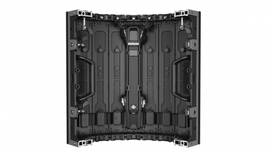 Rear view of the LED Wand Modul 3.9mm - Unilumin URMIII 03 MK2 Pro Flex XS display unit, showing a rectangular, black metallic panel with visible screws and support bars for secure installation; image highlights the sturdy construction of this high-resolution LED video wall module.