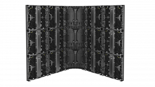 Rear view of the LED Wand Modul 3.9mm – Unilumin URMIII 03 MK2 Pro Flex XS in a curved configuration, highlighting its modular LED panels, visible support structures, and locking mechanisms, all set against a solid black background.