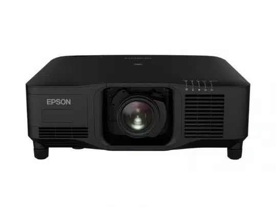 Black Epson projector, front view showing central lens, side ventilation grilles, and top right control buttons—ideal for home or office presentations.