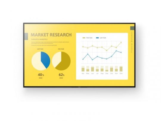 Market research report displayed on a screen showing a yellow-themed layout with two pie charts comparing last year and this year’s data, alongside a line graph tracking monthly trends for both years. Ideal for business analytics presentations.