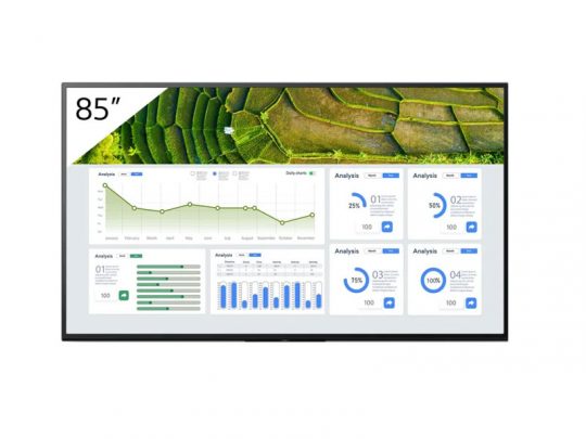 Samsung 85-inch 4K UHD Smart Display featuring a vibrant landscape photo alongside multiple charts, graphs, and analytics dashboards showing performance and data analysis. Ideal for business presentations and professional use.