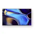 Samsung 4K Ultra HD Smart TV displaying an abstract artwork with swirling blue, yellow, and black colors on its flat screen, mounted against a plain white background. Perfect for modern home entertainment setups.