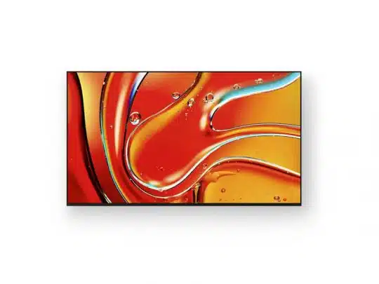 Modern flat-screen smart TV mounted on a white wall, displaying an abstract image with swirling red, orange, and yellow colors accented by water droplets. Ideal for contemporary home entertainment setups.