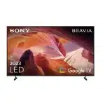 Sony Bravia 2023 LED Google TV with slim bezels and two stand feet, displaying a vivid landscape image on the screen. The front shows text: Sony, Bravia, 2023 LED, and the Google TV logo.