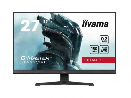 Front view of the iiyama G2770QSU-B6 27 Inch Gaming Series Monitor, displaying a futuristic armored character on screen; monitor highlights include 180Hz refresh rate, 0.2ms response time, and Red Eagle branding—ideal for fast-paced gaming.