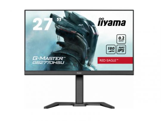 Iiyama GB2770HSU-B6 27-inch Gaming Series Monitor displayed on a stand, screen showing highlighted features including 0.2ms response time, 180Hz refresh rate, and Fast IPS panel for smooth, high-performance gaming visuals.