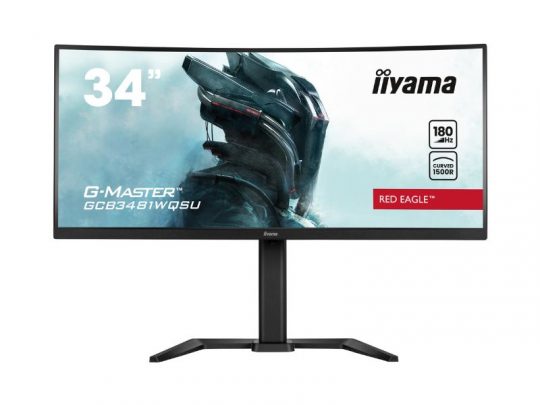 Iiyama GCB3481WQSU-B1 34 Inch Gaming Series curved monitor with a 180Hz refresh rate, displaying vibrant graphics of a futuristic armored character; ideal for immersive, ultra-smooth gaming experiences.