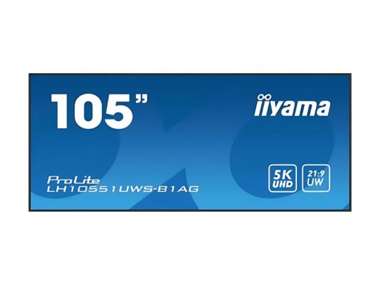 Iiyama ProLite LH10551UWS-B1AG 105-inch ultra-wide monitor with blue rectangular screen displaying “105,” brand name, model number, and icons for 5K UHD resolution and 21:9 ultra-wide aspect ratio. Ideal for visually impaired users seeking information on large iiyama display features.