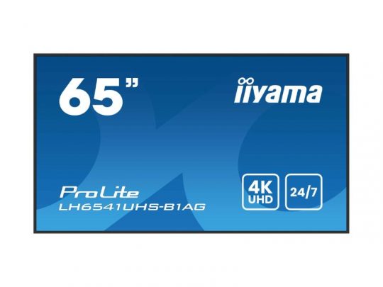 Iiyama ProLite LH6541UHS-B1AG 65-inch display screen showing 65” in large text, with icons for 4K UHD resolution and 24/7 operation on a sleek rectangular frame.