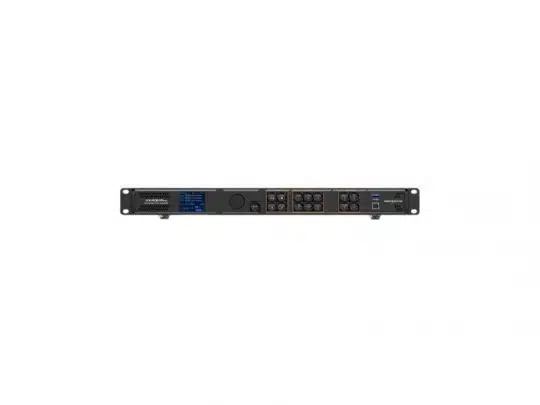 Rear view of Import placeholder for 83490 rackmount unit—shown in black with multiple ports, including Ethernet, power connectors, USB ports, and switches—displayed against a white background. Ideal for server or network equipment setups.