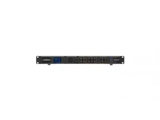 Import placeholder for 83476: Black 1U rack-mount audio device with various input and output ports, control buttons, a small display screen, and LED indicators on the front panel, shown isolated on a white background.
