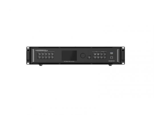 Front view of the VX6000 Pro LED video processor—Import placeholder for 83447—including a black rectangular rack-mountable unit featuring multiple control buttons, a central display screen, and control panels on both sides; designed for advanced AV and LED display management.