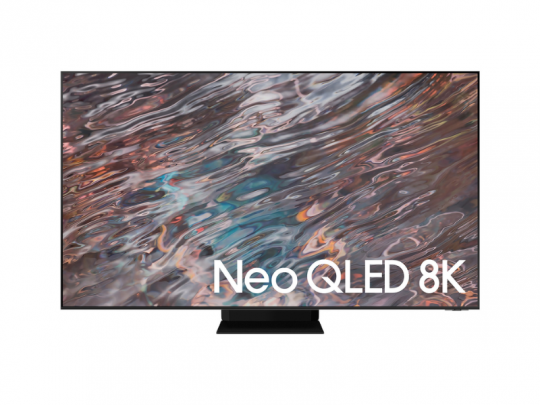 Samsung Neo QLED 8K TV with ultra-thin bezels, displaying vibrant, swirling abstract colors on the screen; “Neo QLED 8K” text appears in the lower right corner.