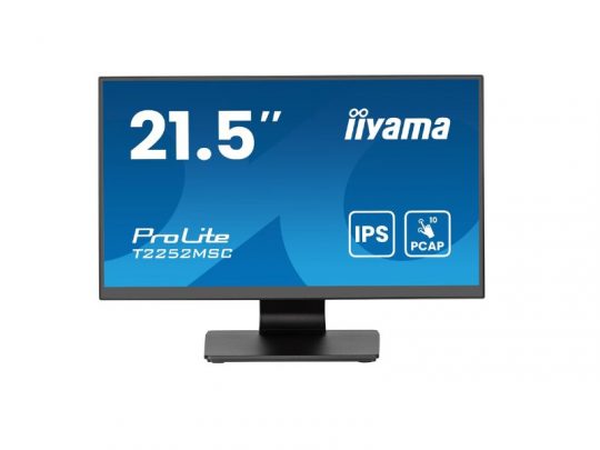 Front view of the iiyama T2252MSC-B2AG 21.5 Inch FHD Touch-Monitor with a blue screen displaying IPS and PCAP touch technology features; sleek, modern black design ideal for interactive use.