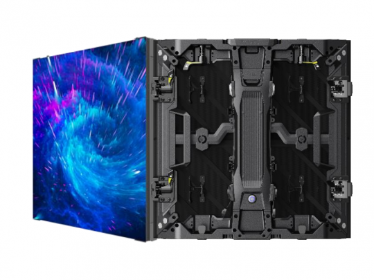 Unilumin URMIII 03 MK2 Pro 45° XC LED wall module product image showing the front with a bright blue and purple swirl on its rectangular 0.5x0.5m screen, and the back view featuring electronic components and a carrying handle for installation.