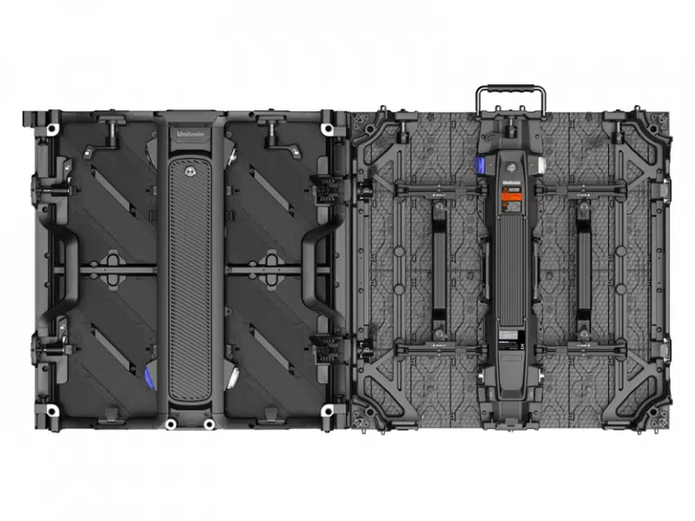 Two Unilumin URMIII 2.6 MK2 Pro Flex XS LED Wand Modul hard cases are shown side by side, one open and one closed; both cases have reinforced corners, secure latches, sturdy handles, and a geometric patterned surface for enhanced durability in heavy-duty environments.