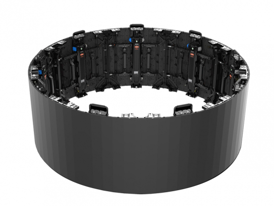 Large circular black structure made from multiple Unilumin URMIII 2.6 MK2 Pro Flex XS LED Wand Modul 2.6mm panels displayed on a white background, showing exposed inner electronics and connectors of each panel.