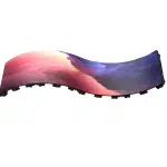 Unilumin URMIII 2.6 MK2 Pro Flex XS LED Wand Modul (2.6mm) displaying a vivid, flexible LED panel with a wavy, sunset-inspired abstract gradient in pink, orange, and purple hues on a white background; ideal for dynamic digital signage and creative wall displays.