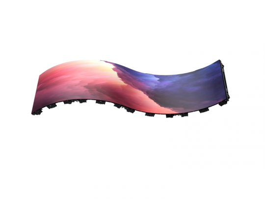 Unilumin URMIII 2.6 MK2 Pro Flex XS LED Wand Modul (2.6mm) displaying a vivid, flexible LED panel with a wavy, sunset-inspired abstract gradient in pink, orange, and purple hues on a white background; ideal for dynamic digital signage and creative wall displays.