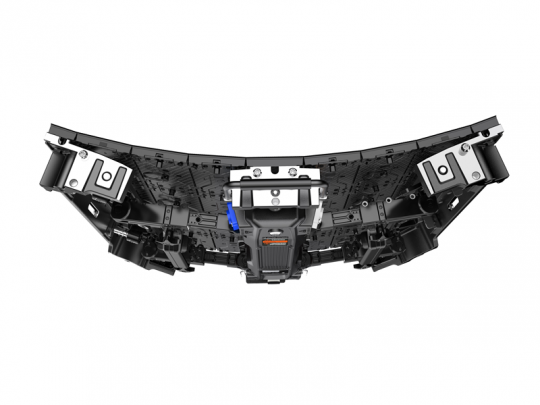 Bottom view close-up of the Unilumin URMIII 2.6 MK2 Pro Flex XS LED Wall Module 2.6mm, showcasing its curved black panel with several connectors, visible electronic components, and metallic parts—designed for modular LED display systems and new in condition.