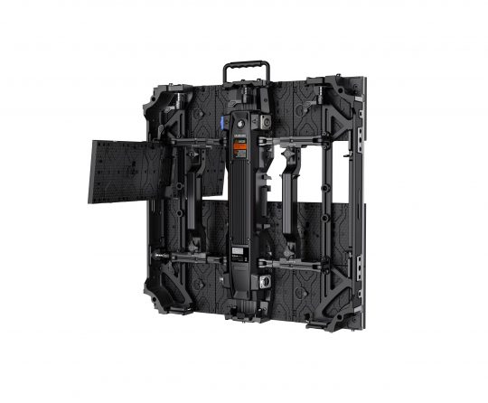 Unilumin URMIII 2.6 MK2 Pro Flex XS LED wall module shown from the back; black rectangular LED video wall panel with support bars, central handle, and visible connection ports, displayed on a white background.