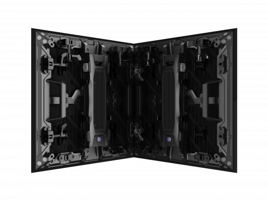 Close-up of the back side of two hinged Unilumin URMIII 03 MK2 Pro 45° XC LED Wand Modules (3.9mm, 0.50x0.50m), showing exposed internal components, connectors, and mounting hardware against a black background—ideal for detailed inspection of LED panel build quality and integration features.