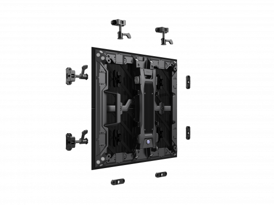 Back view of the Unilumin URMIII 03 MK2 Pro 45° XC LED Wand Modul 3.9mm (0.50x0.50m), displaying separated mounting brackets and installation components for assembly demonstration.
