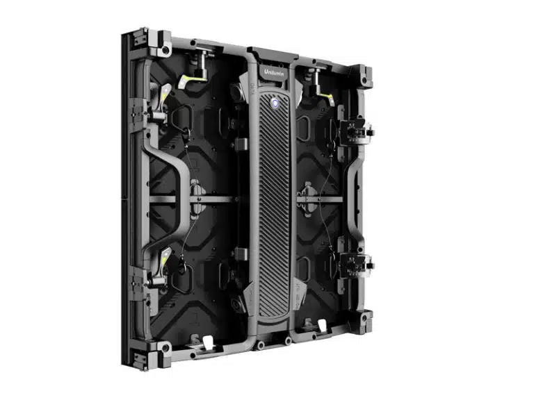 LED Wand Modul 2.6mm - Unilumin URMIII 2.6 MK2 Pro (Neuware) rectangular black back panel with a central vertical handle, exposed wiring, electronic connectors, and mounting hardware visible around the frame—suitable for professional LED video wall installations.