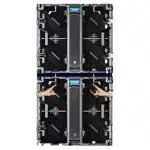 Two stacked Unilumin URMIII 2.6 MK2 Pro LED wall panels, each with a 2.6mm pixel pitch, are shown from the back on a white background; two hands point at the connection gap between modules, highlighting assembly or alignment of the visible back mechanisms.