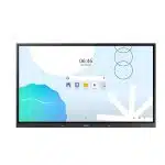 Large interactive display screen with a modern user interface, showing time, date, search bar, app icons, and abstract blue, green, and white shapes on a light background; ideal for collaborative workspaces or classrooms.
