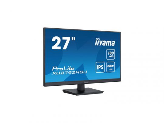 27 Inch iiyama XU2792UHSU-B6 desktop monitor with widescreen display shows a vibrant blue screen highlighting its 100 Hz refresh rate, IPS panel, and USB hub features; monitor is set against a plain white background.