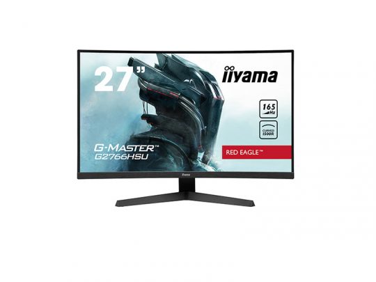 Iiyama G-Master G2766HSU 27-inch curved gaming monitor displaying a sci-fi armored figure on screen; features include 165Hz refresh rate, FreeSync support, and Red Eagle branding. The monitor has a sleek black design with slim bezels and a sturdy stand.