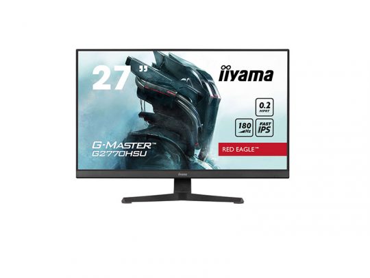 27-inch iiyama G-Master Red Eagle gaming monitor displaying a futuristic armored character on screen, with highlighted specs including 180Hz refresh rate, 0.2ms response time, and Fast IPS panel. Modern, slim black design ideal for immersive gaming.