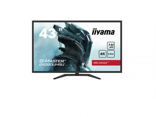 43-inch iiyama G-Master G4380UHSU Red Eagle gaming monitor displaying a futuristic armored character on screen; product specs highlighted include 4K resolution, 0.4ms response time, and 144Hz refresh rate.