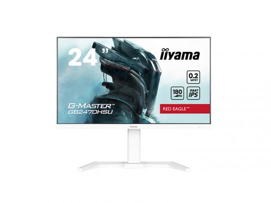 Front view of a white iiyama G-Master Red Eagle GB2470HSU gaming monitor, featuring a futuristic armored character on the screen; key specs shown include 24-inch display, 0.2ms response time, 180Hz refresh rate, and Fast IPS panel.