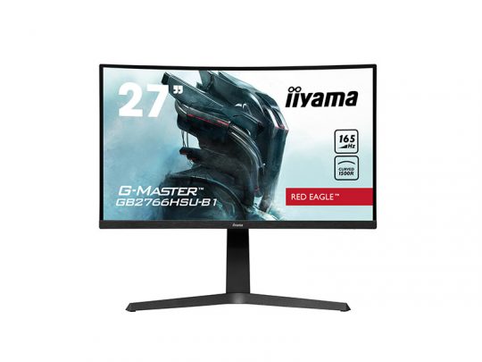 27-inch iiyama G-Master Red Eagle curved gaming monitor (model GB2766HSU-B1) displaying a futuristic armored figure, with 165Hz refresh rate; sleek black design and immersive screen ideal for gaming.