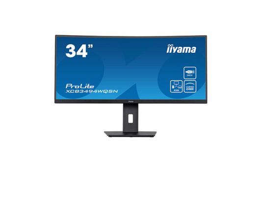 34-inch iiyama ProLite XCB3494WQSN curved monitor on a black stand, featuring a blue display with model name and icons for KVM, LAN, USB, and HDMI connectivity; shown against a white background.