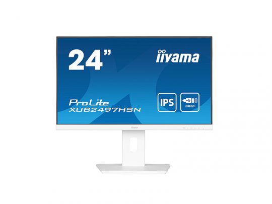 24-inch iiyama ProLite XUB2497HSN monitor with thin bezel, white stand, and blue screen displaying IPS technology and USB-C dock icon. Suitable for office or professional use.