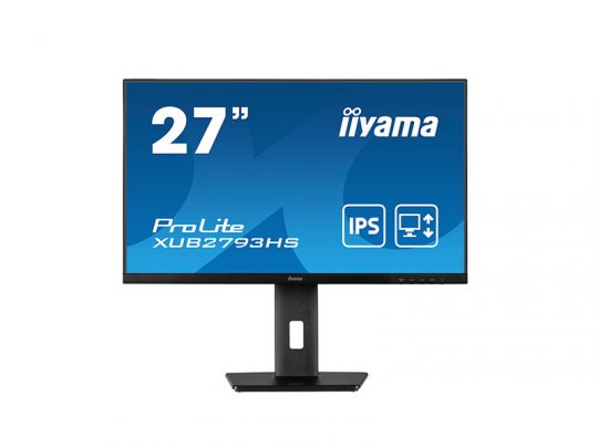 27-inch iiyama ProLite XUB2793HS computer monitor on a rectangular stand, showing a blue screen with the model name, size, IPS panel type, and connectivity icons for HDMI and DisplayPort. Perfect alt text for users who need detailed product information.