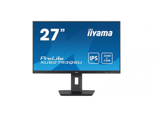 27-inch iiyama ProLite XUB2793QSU monitor with slim black bezels and stand, displaying a blue screen highlighting IPS panel technology and 2560x1440 QHD resolution features.