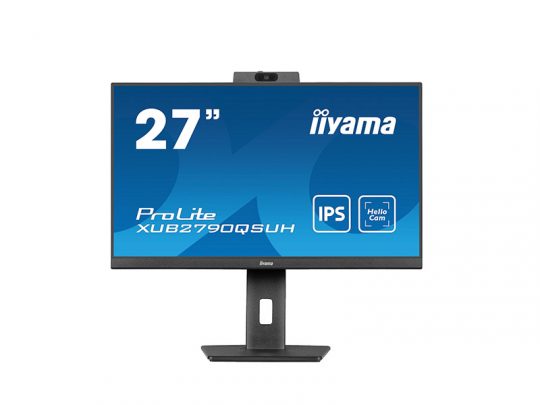 27-inch iiyama ProLite XUB2790QSUH monitor with slim bezels, integrated top webcam, and rectangular stand, shown against a white background.